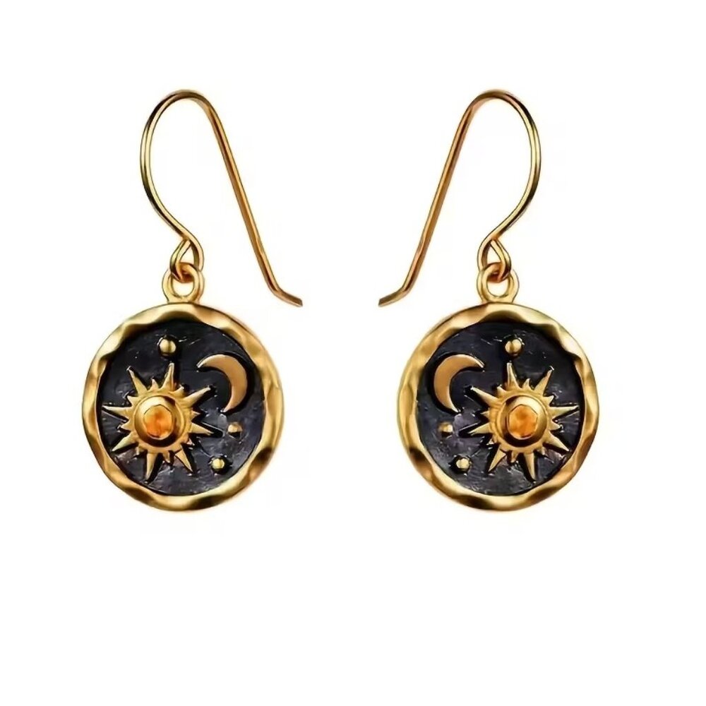 Sun and Moon Stone Dangle Earrings Gold Toned with Black